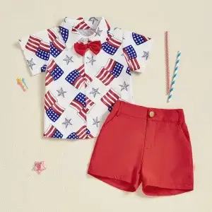 Infant Boy Apparel Red White Blue Star Stripe Print Bowtie Top Shorts Set Kids Clothing for July 4th