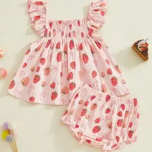 Adorable Baby Girl Summer Outfit Sleeveless  Strawberry Print Ruffle Top and Shorts Set for Toddler