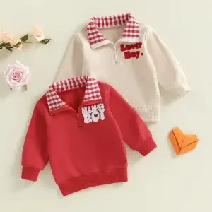 Infant Boy s Valentine s Day Plaid Collared Sweatshirt with Long Sleeve Top