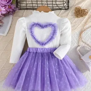 Stylish Heart Print Top with Polka Dot Tulle Skirt 2-Piece Set