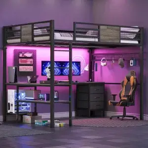 Full Size Loft Bed with L-Shaped Desk and 3 Storage Drawers, LED Lights, Charging Station