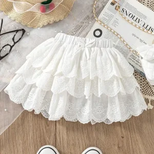 White Tiered Lace Skirt, Sweet Ruffled Design with Elastic Waist