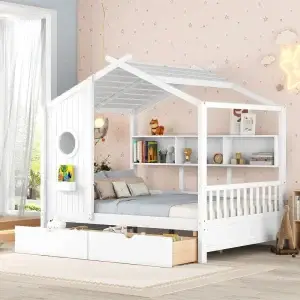 White Queen Size Platform Bed with 2 Drawers and Storage Shelves