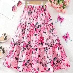 Pink Floral Tiered Skirt for Girls