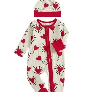 Romper with Heart Candy Print Long Sleeve Zip Up Footed Jumpsuit and Matching Hat