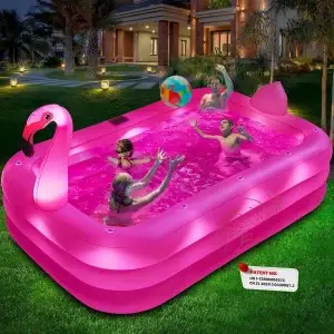 Solar Lighted Inflatable Flamingo Pool for Kids & Adults, Large 100"X63"X20"