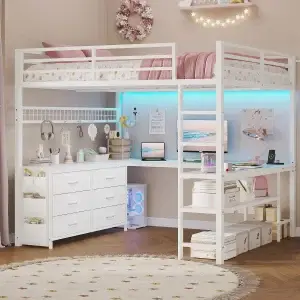 Loft Bed Full Size with U-Shaped Desk, LED Metal Loft Bed with 2 Storage Shelves