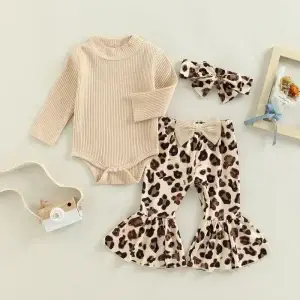 Baby Girls Pants Set Long Sleeve Bodysuit Leopard Bow Flare Pants Headband