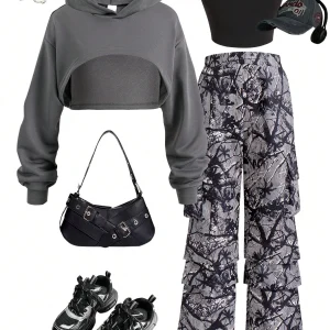 Girlsl Sporty Dark Gray Hooded Long Sleeve Sweatshirt Camisole Vest Camouflage Pants 3Pcs Set